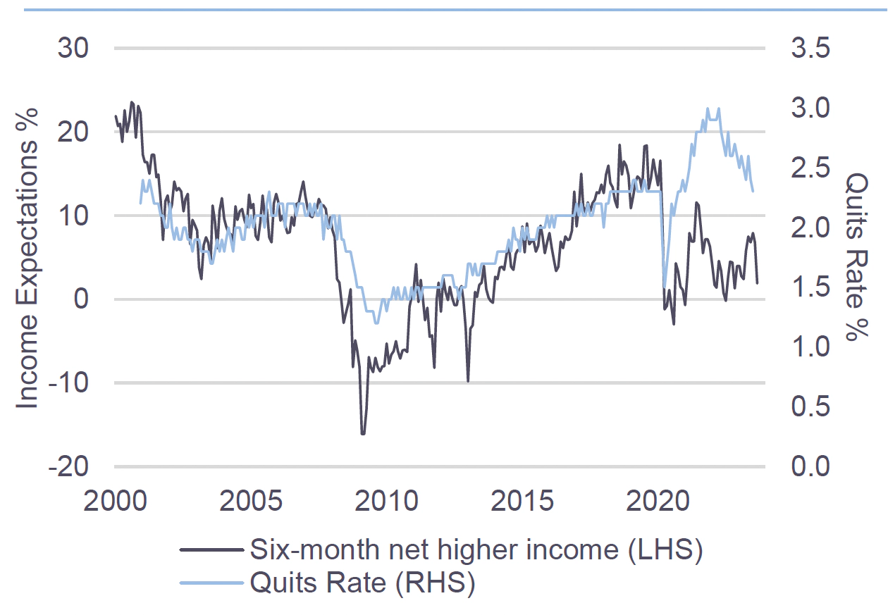 Line graph describing Consumer Net Income Expectations vs. Quits Rate